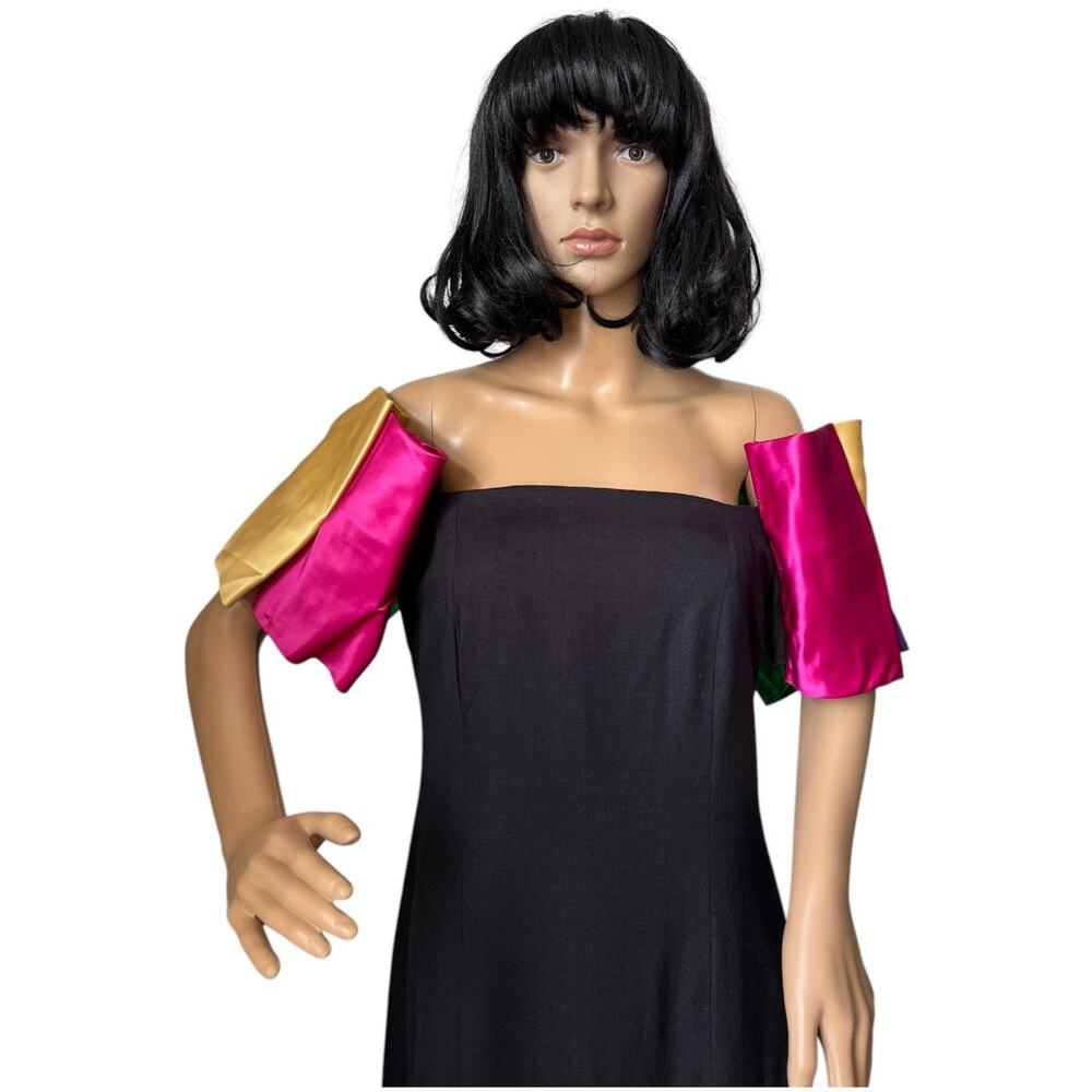 Vintage 80's black with off shoulder multi colors puff satin sleeves size s-m - Picture 14 of 16
